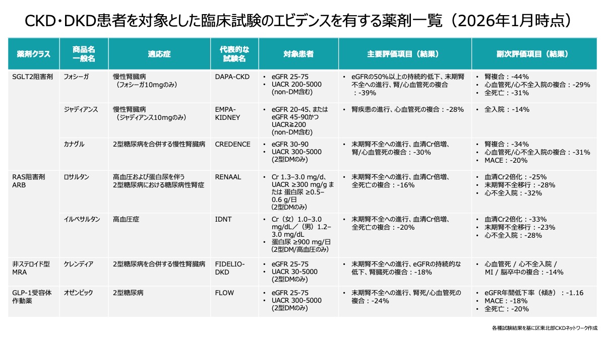 CKD・DKD患者を対象とした臨床試験のエビデンスを有する薬剤一覧